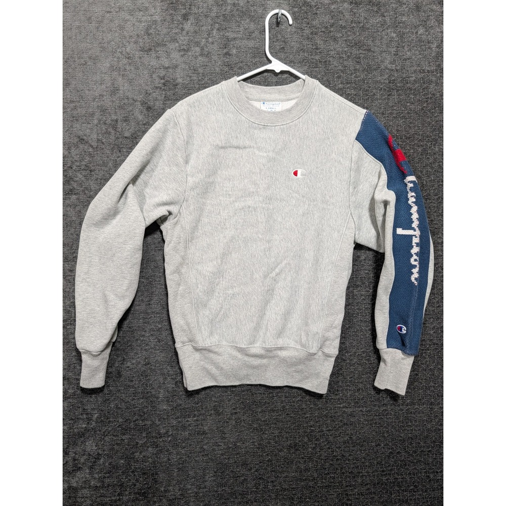 Champion Reverse Weave Crewneck Sweatshirt Gray Blue Colorblock Logo Mens XS